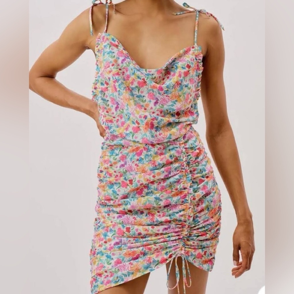For Love & Lemons Leah Floral Cowl Neck Drawstring Skirt Mini Dress Size XSMALL - Picture 2 of 8